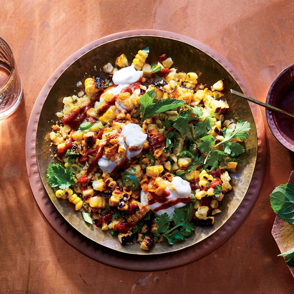 Corn chaat with tomato-tamarind chutney
