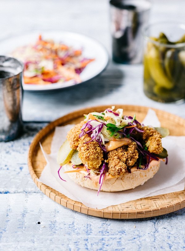 Corn chip crumbed chicken and fennel slaw burgers