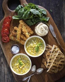 Corn chowder with fried zucchini sandwich