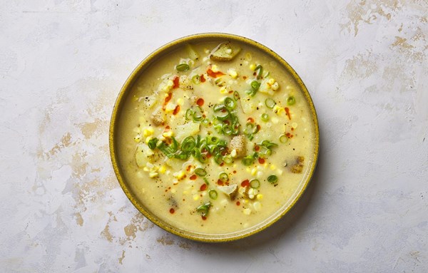 Corn chowder with miso and scallions