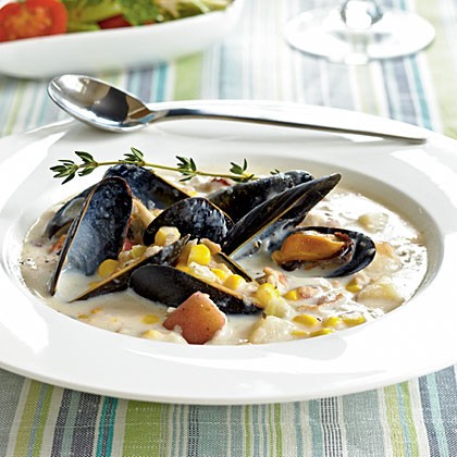 Corn, clam, and mussel chowder