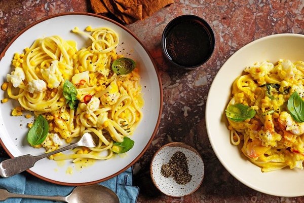 Corn, crab & basil linguine [Danielle Alvarez]