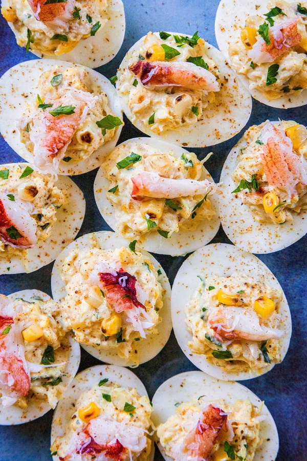 Corn, crab, and Old Bay deviled eggs