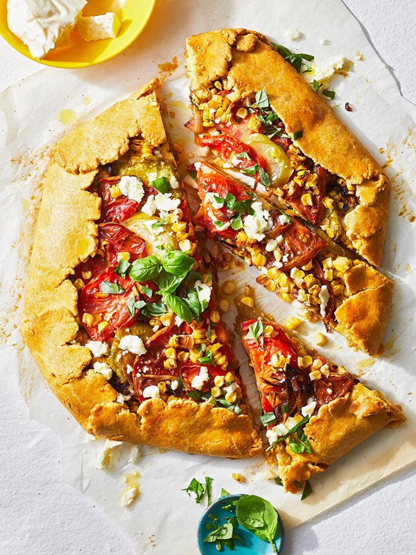 Corn crostata with tomatillos and queso fresco