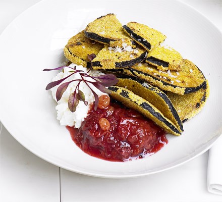 Corn-crusted aubergine with plum chutney and goat's curd