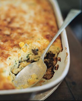 Corn custard with chorizo and mushrooms