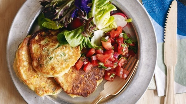 Corn, feta and basil fritters with tomato and red onion salsa