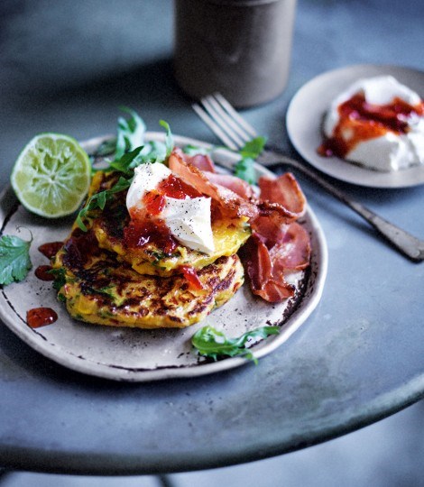 Corn fritters with crispy bacon, red pepper jam and soured cream