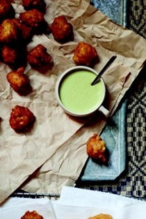 Corn fritters with green chile buttermilk dip