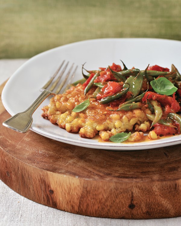 Corn fritters with summer bean ragout