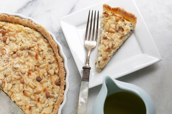 Corn, goat cheese, basil, and lemon tart with basil and lemon oil