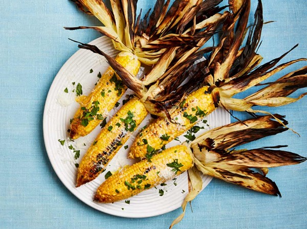 Corn grilled in its husk with creamy pecorino dressing
