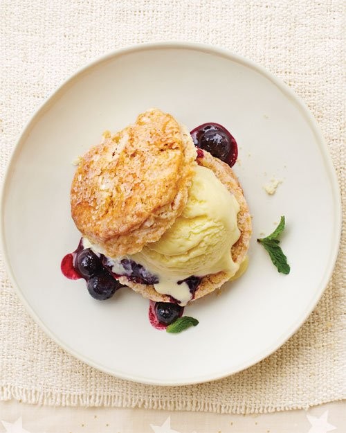 Corn ice cream shortcakes with blueberry compote