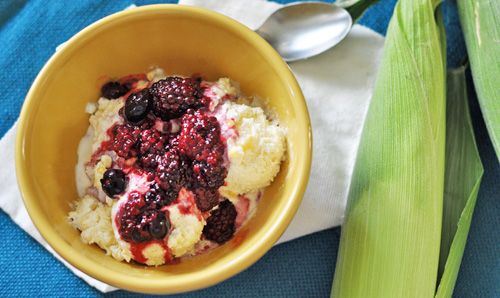Corn ice cream with blueberry, blackberry compote