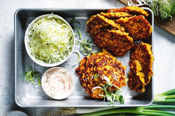 Corn, kimchi and miso fritters with chilli mayo