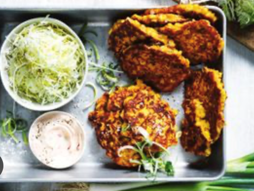 Corn, kimchi and miso fritters with chilli mayo