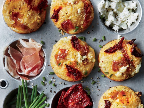 Corn muffins with prosciutto, sun-dried tomatoes, and goat cheese