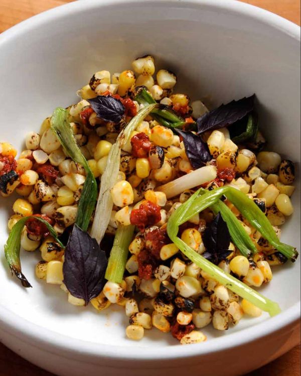 Corn, 'nduja, purple basil