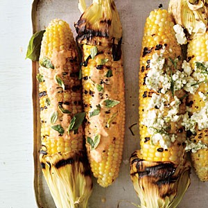 Corn on the cob with smokey red pepper mayo and basil