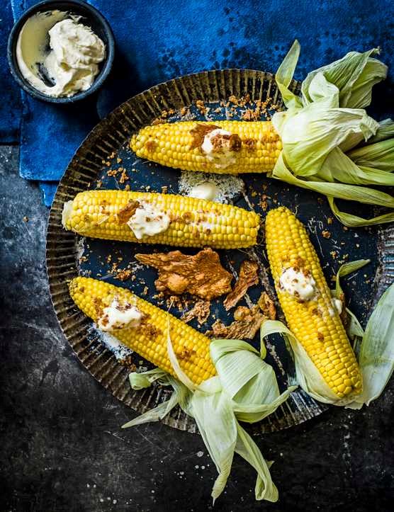 Corn-on-the-cob with whipped chicken fat and chicken skin salt