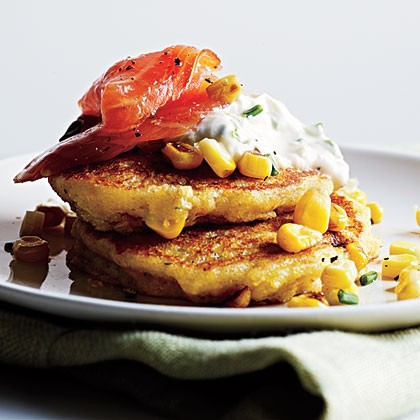 Corn pancakes with smoked salmon and lemon-chive cream
