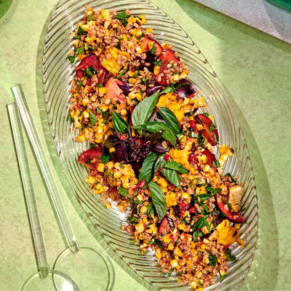 Corn, plum, and farro salad with nuoc cham dressing