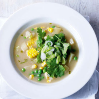 Corn, potato and pea soup