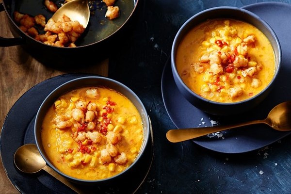 Corn, prawn and saffron soup with saffron brown butter