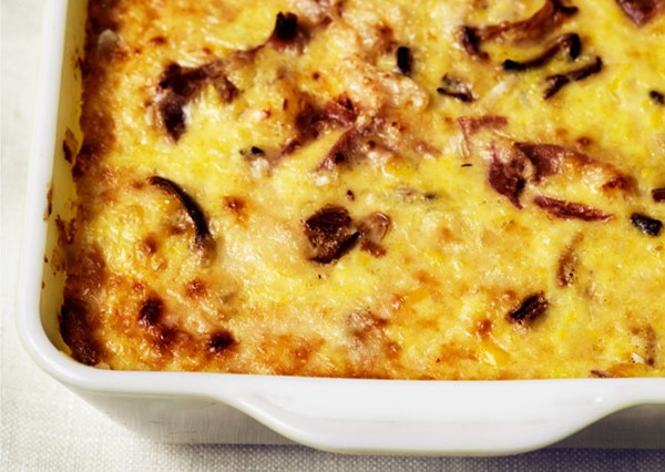 Corn pudding with mushrooms and ham