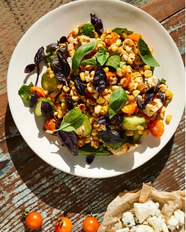 Corn salad with dandelion greens and smoked blue cheese
