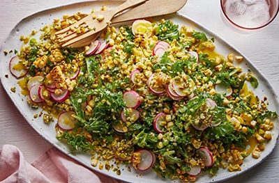 Corn salad with freekeh, herbs & tahini