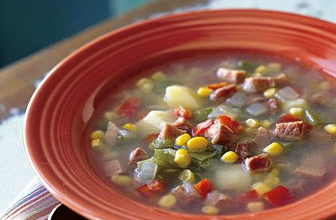 Corn soup with potatoes and smoked ham