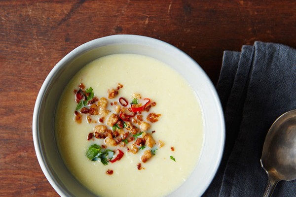 Corn soup with tofu larb