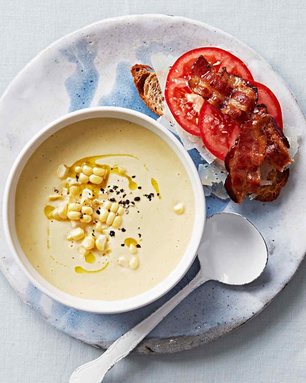 Corn soup with tomato-bacon toasts