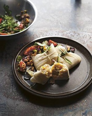 Corn tamales with lime, coriander and red onion salsa