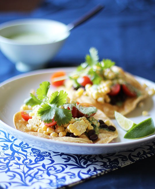Corn, tomato & black bean tostadas with creamy cilantro dressing