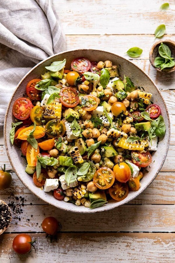Corn, tomato, and avocado chickpea salad