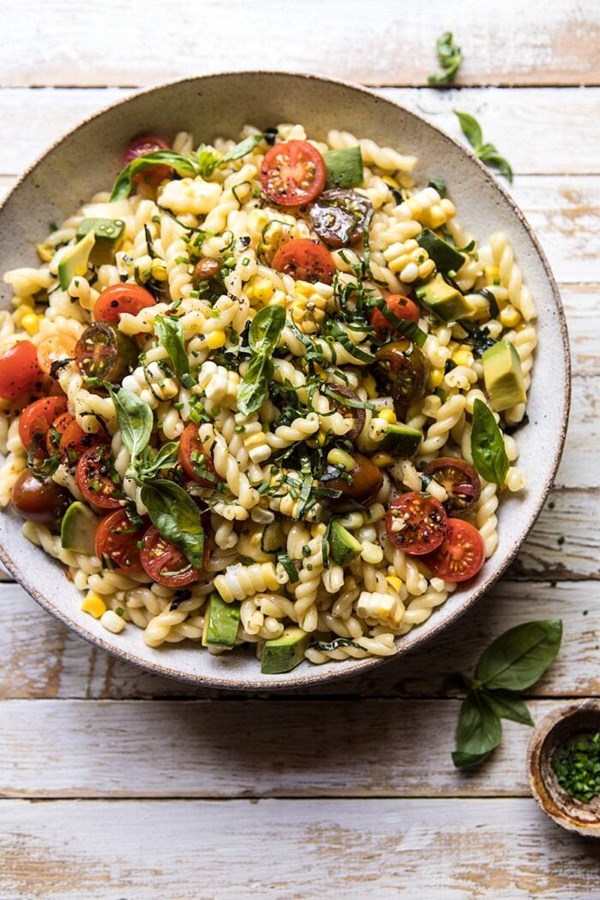 Corn, tomato, and avocado pasta salad