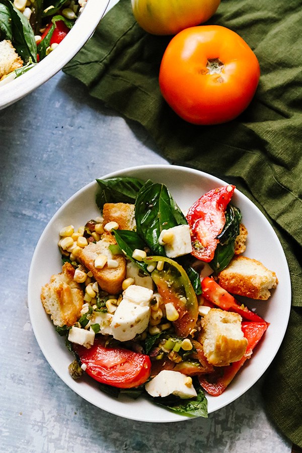 Corn, tomato, and crispy bread salad