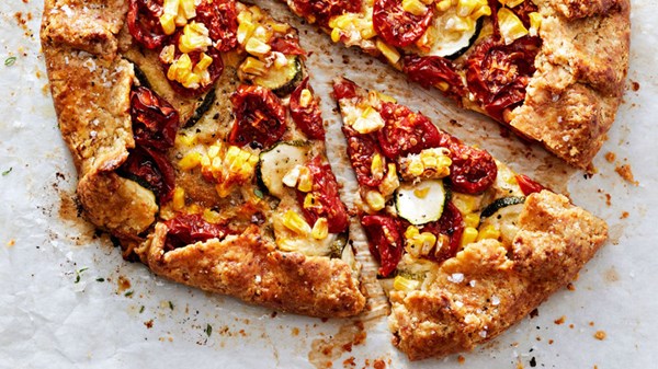 Corn, tomato, and zucchini galette