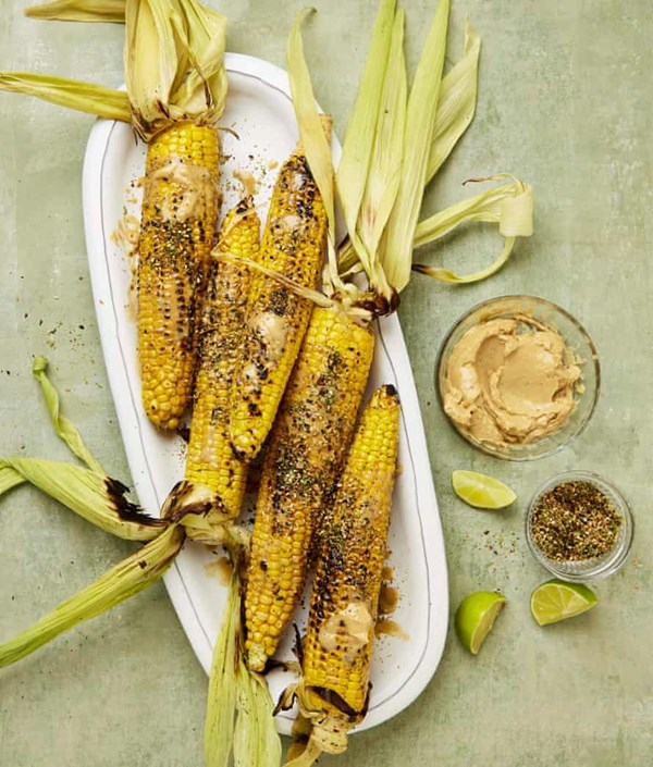 Corn with tahini and soy butter and gomashio