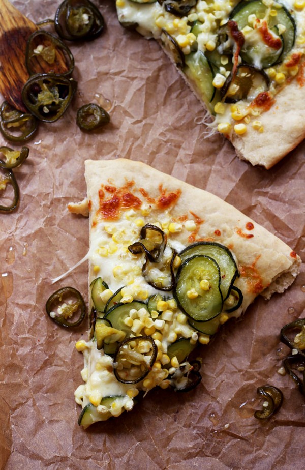 Corn, zucchini, and candied jalapeno pizza