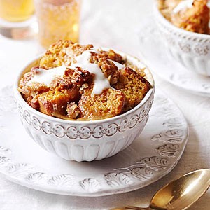 Cornbread and sweet potato bread pudding with coconut sauce