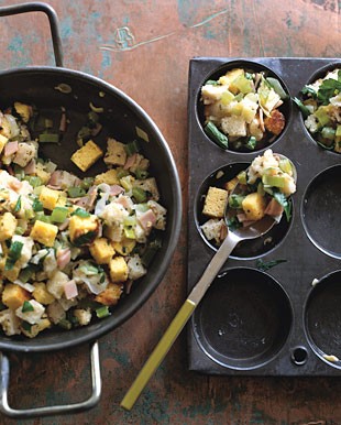 Cornbread stuffing muffins with ham and sage