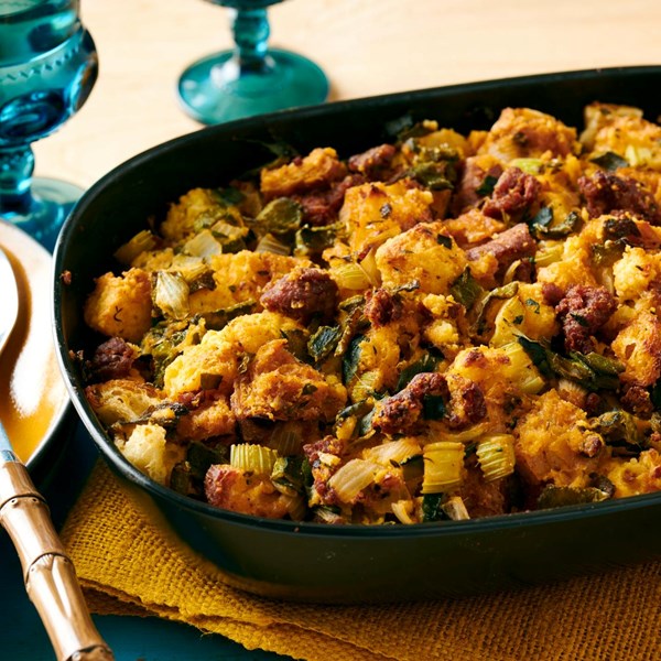 Cornbread stuffing with chorizo and poblanos