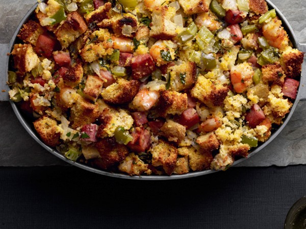 Cornbread stuffing with shrimp and ham
