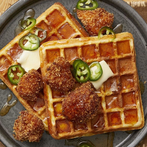 Cornbread waffles with spicy chicken
