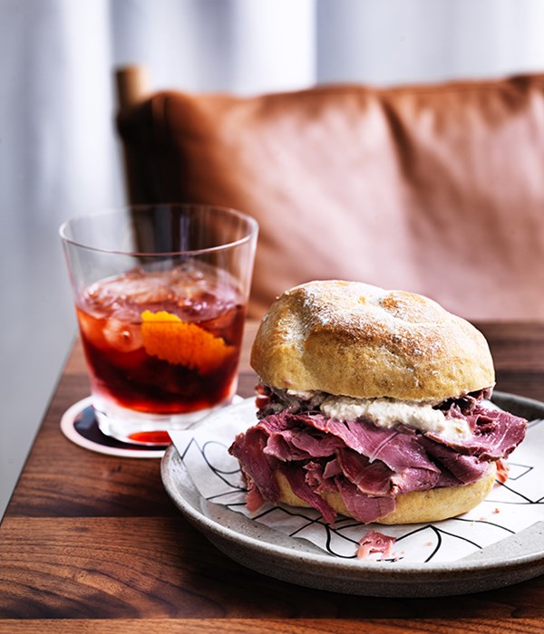 Corned beef buns with horseradish, Parmesan and walnut sauce