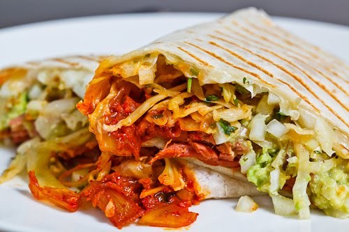 Corned beef, cabbage and kimchi burrito