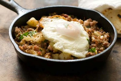 Corned beef hash with chipotle chiles and Irish bacon